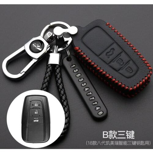 Leather Remote Car Keychain Key Cover Case For Toyota Camry CHR Prius Corolla RAV4 Prado 2017 2018 Remote 3 button keyless
