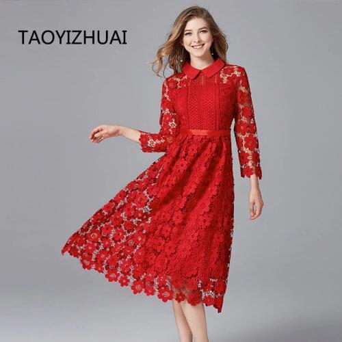 TAOYIZHUAI New Arrival Autumn High Street Two Colors Plus Size Floral Hollow Out Turn-Down 100% polyester Women Lace Dress 14234
