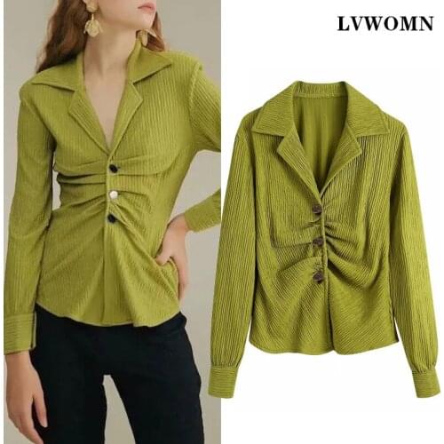LVWOMN Za Blouses Women 2021 Spring Ruched Long Sleeve Top Woman Vintage Lapel Slim Women Clothing Button Chic Tops Female shirt