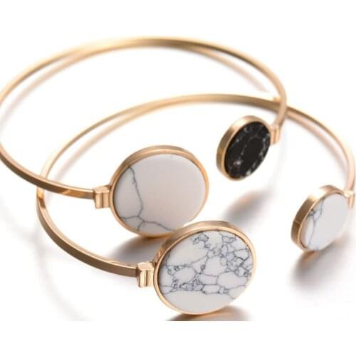 Fashion Gold Plate Black White Geometric Round Open Cuff Punk Bracelet Bangle Faux Marble Stone Bracelet