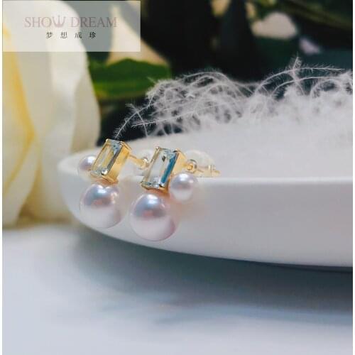 SHOWDREAM 18K Gold Akoya Seawater Pearl Earrings Inlay Aquamarine