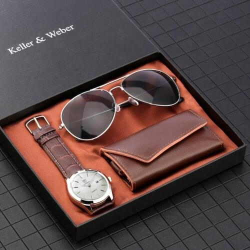 Brown Male Watch Quartz Simple Dial Genuine Leather Multifunctional Car Key Case Wallet Men Sunglasses Gift Set With Box for Men
