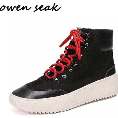 Owen Seak Men Casual Shoes High-TOP Ankle Boots Leather Sneaker Luxury Trainers High Street Lace-up Autumn Flat Black Shoes