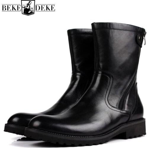 Mens Winter High Top Boots Warm Genuine Leather Mid-Calf Boots Antiskid Platform Fleece Lining Shoes Male Biker Riding Footwear