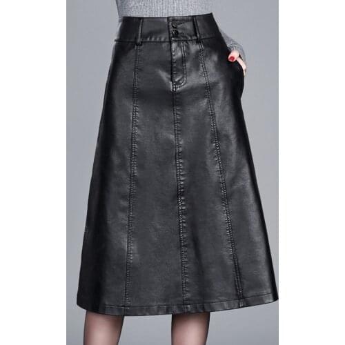 Autumn Winter Black A-Line PU Leather Skirt For Women High Waist Plus Size 4XL Keen Length Skirts