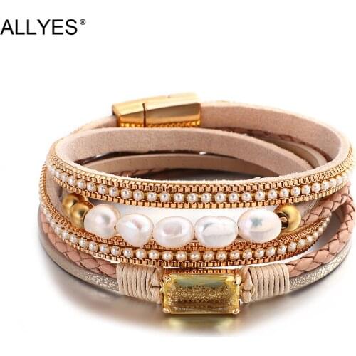 ALLYES Natural Pearl Beads Braided Leather Bracelets for Women Bohemian Crystal Charm Wrap Bracelet Bangle Female Jewelry Gifts