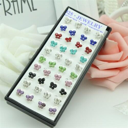 40pcs8m 925 sterling silver earrings Female money Mosaic crystal butterfly silver earrings Color crystal butterfly stud earrings