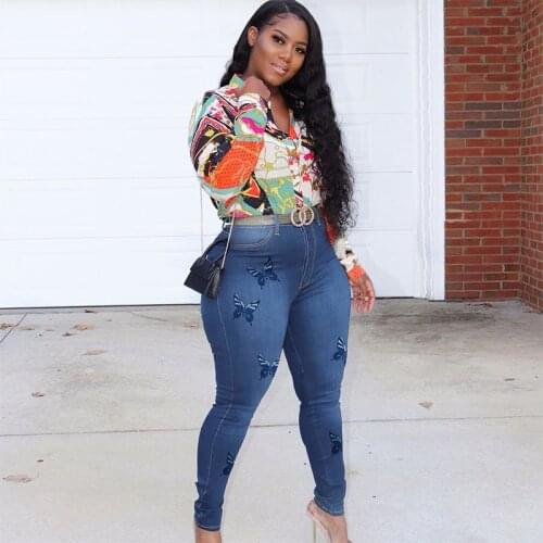 Spring Autumn New Style Office Lady FemaleTrousers Plus Size Printing Butterfly Denim Leggings Mid Waist Wear Stretch Slim Jeans