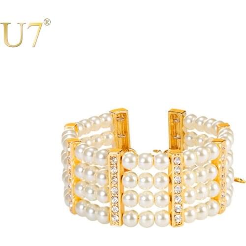U7 Synthetic Pearl Beads Bangle Bracelet For Women Multi-layer Rhinestone Bracelests Fashion Wedding Jewelry H1020