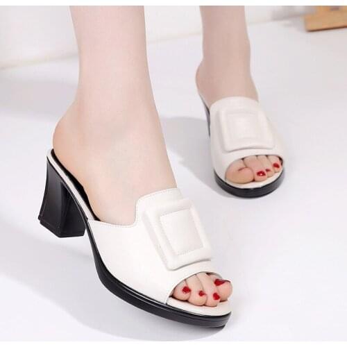 High Quality Women Slippers 2021 Ladies Summer Slippers Shoes Women High Heels Fashion Buckle Summer Shoes Genuine Leather