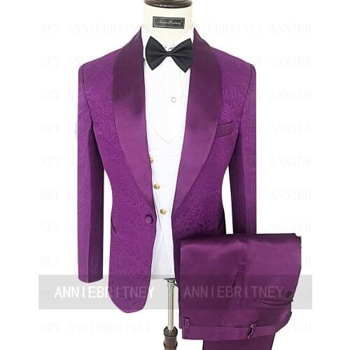 Shawl Lapel Jacquard Suit Men Set Slim Fit Purple Wedding Suits for Groom Best Man Prom Party Tuxedo Jacket Vest Pants 3 Pieces
