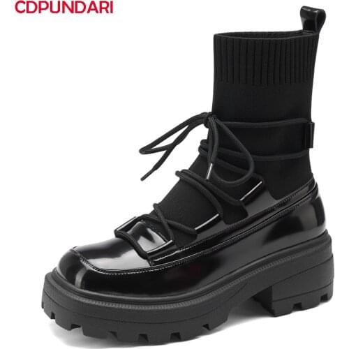 Ladies Black Genuine Leather High Heels Platform Ankle Boots Women Autumn Winter Martin Short Boots Shoes Bottes Plateforme