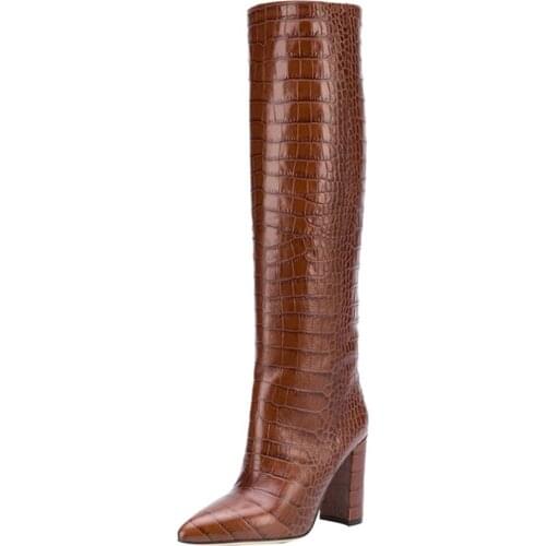 10 CM High Heel Knee Boots Women Faux Leather Print Boots Women Chunky High Heel Winter Long Boot Purple Black Beige Brown Shoes