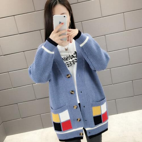 2021 Spring Autumn New Loose V-neck Sweater Womens Cardigan Winter Coat With Woolen Clothes Tops Korean Fashion Swetry Damskie