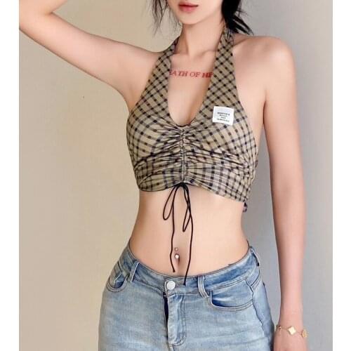 Sylcue Summer Sexy V Neckcorset Backless Sleeveless Tank Tops squares Print Halter Bandage Drawstring Crop Top reversible camis