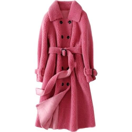 Autumn Winter Long Wool fur coat women Korean Long sleeve Granules Sheep cashmere Fur coat Double breasted overcoat women G339