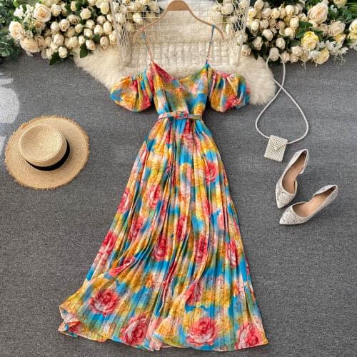 Womens Spring Summer Runway Fashion Flower Print Pleated Slip Dress Female Travel Chic Beach Dress TB1777