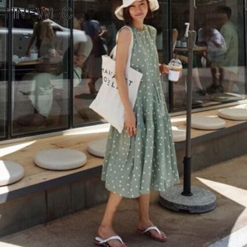 2020 new korea styles summer fashion women clothing Sleeveless polka dot dress female Large Size sleeveless V775