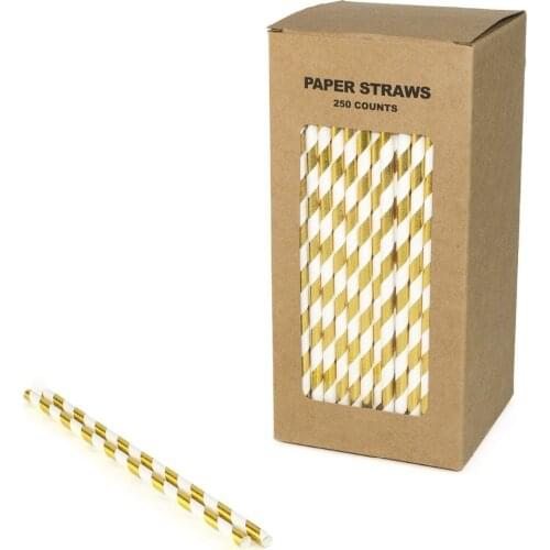 250 pcs/box Gold Stripe Paper Straws Bulk-Golden Foil Christmas Holiday Wedding 1st Birthday Party Drinking Restaurant Juice