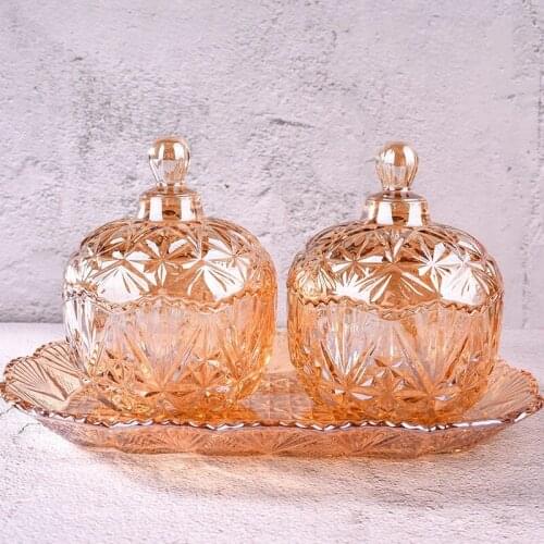 3pcs Amber Crystal Glass Storage Jar Lids Candy Jar Glass Organizer Container Cookie Box Storage Interior Tabletop Decoration