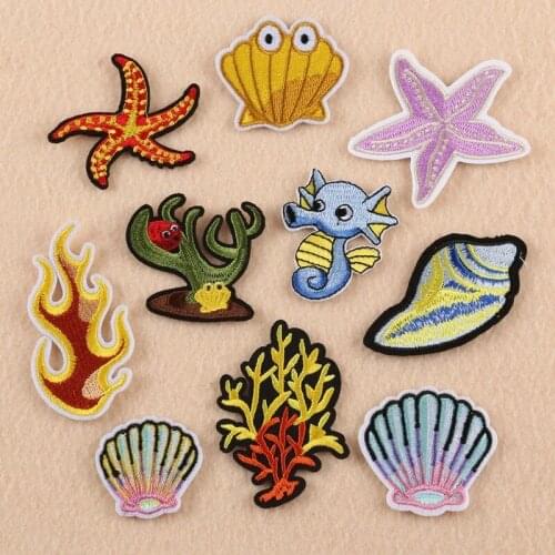 50pcs/lot Embroidery Patches Letters Clothing Decoration Accessories Sea Seafood Shell Seahorse Diy Iron Heat Transfer Applique