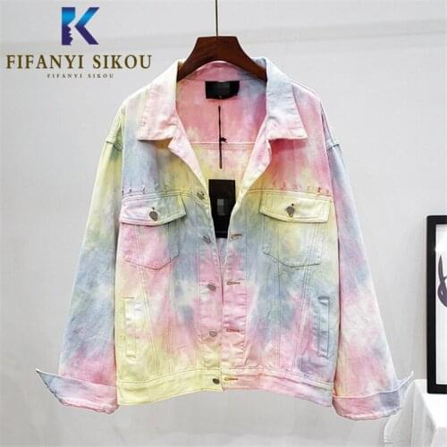 Harajuku Denim Jacket Women Streetwear Fashion Pocket Long Sleeve Jeans Jacket Female Loose Tie-dye Jeans Coat 2020 Autumn New