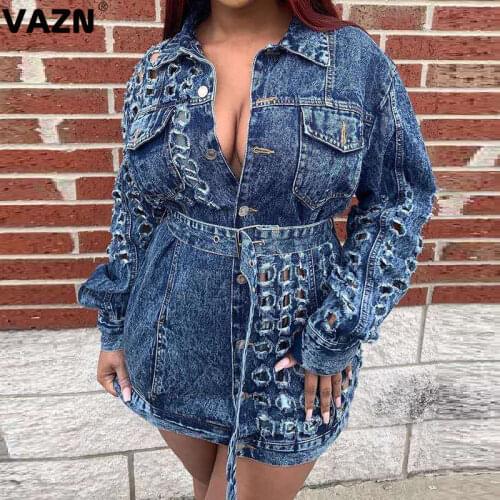 VAZN 2020 Hot List High-end Hollow Out Sexy Open Denim Dress Solid Lace Up Top Elegant Full Sleeve Women Straight Mini Dress