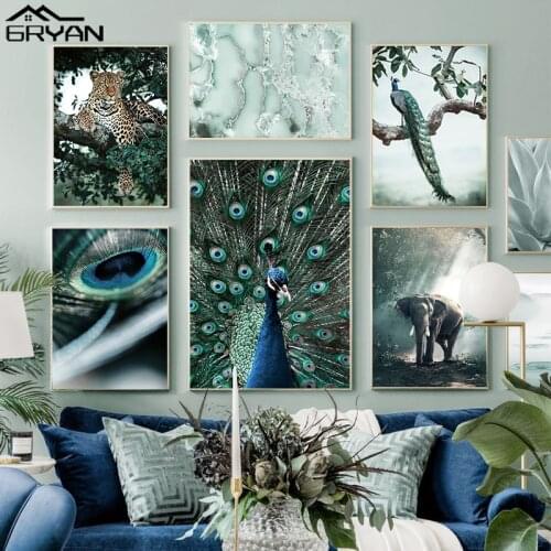Peacock Feather Art Poster Tree Branch Animal Leopard Elephant Painting Prints Water Ripples Aloe Abstract Wall Picture Decor