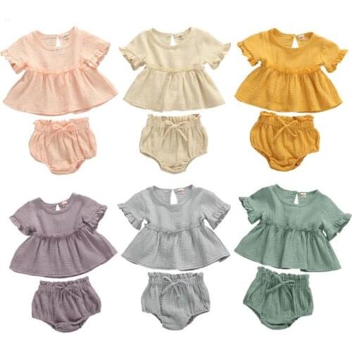 Summer Baby Girls Cotton Outfit Solid Color Lace Short Sleeve Tops Shorts Set Toddlers Casual Baby Clothing Set