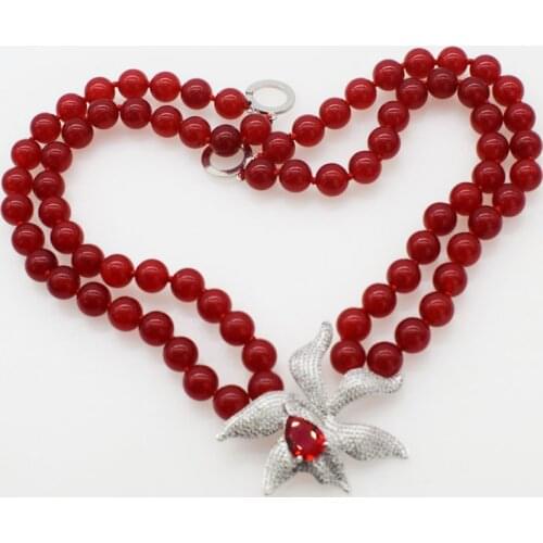 2rows red stone round necklace 10mm 18-19inch wholesale nature beads green flower pendant