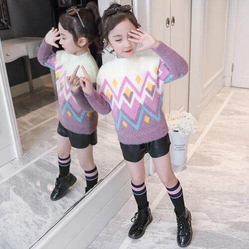 New Knitting Spring Winter Pullover Round Neck Sweater Girls Kids Childrens Warm Thicken Simplicity Printing Clothing 2021