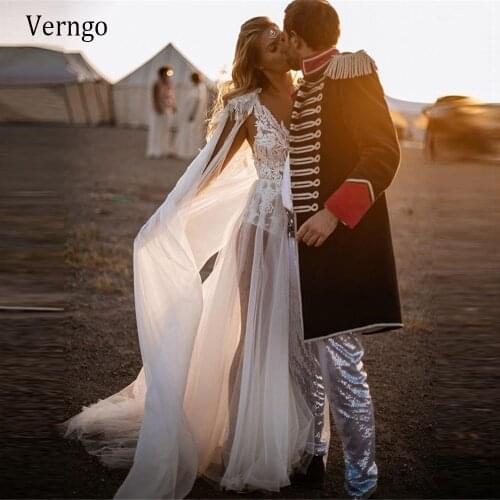 Verngo New Boho Beach Wedding Dress Lace Tulle V Neck Sexy Country Bridal Gowns With Long Cape 2021 Modern Robe de mariage