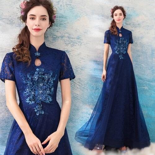 New Arrival Elegant Oriental Small Stand Collor Lace Flower Dark Blue Mother Dress 128