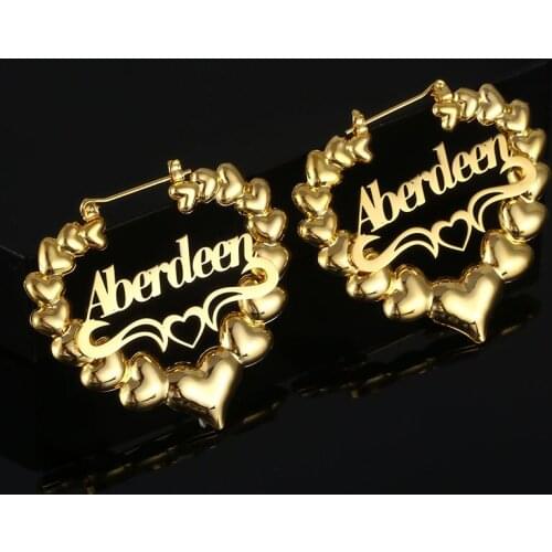 Personalized Customized Hiphop Sexy Heart Bamboo Hoop Earrings for Women Custom Stainless Steel Name Earrings Statement Jewelry