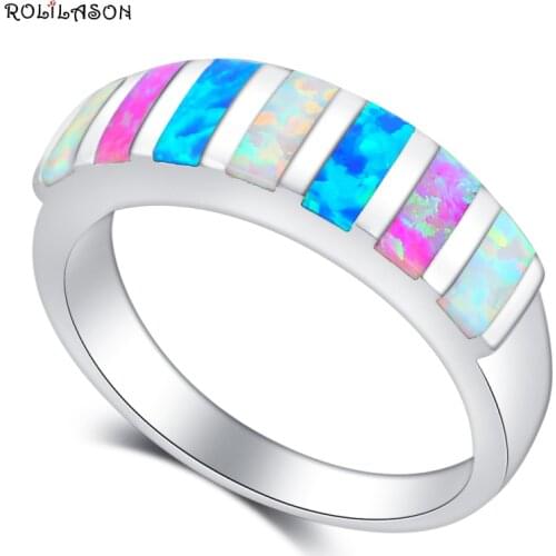 Rainbow Big Fire Opal Stone Rings Silver Plated Blue White Pink Colorful Engagement Finger Ring Summer Jewelry Women Girl