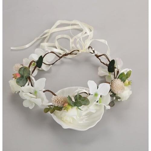 Romantic White Flower Crown Rattan Rose Floral Garland Hairband Holiday Wreath Bridesmaid Hair Accessories for Outdoor Wedding