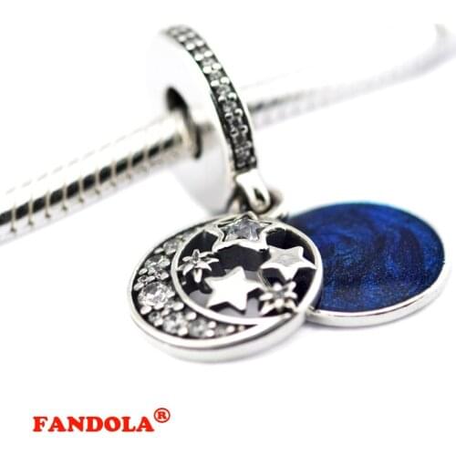 925 Sterling Silver Beads Vintage Night Sky Dangle with Shimmering Midnight Blue Enamel & CZ Fits Pandora Charms Bracelet FL477