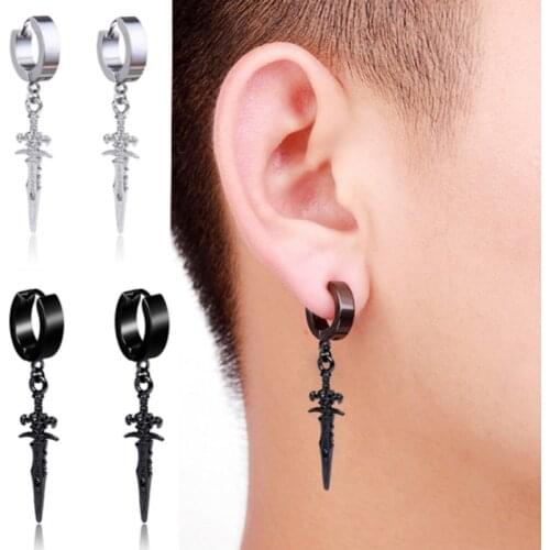 New Arrival Korean Boy Black Stainless Steel Earring Sword Cross Pendant Without Pierced Ear Clip Cool Girl Mens Party Gifts