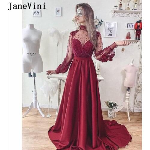 JaneVini 2019 Sexy A Line Burgundy Long Sleeve Dress Evening High Neck Lace Applique Pearls Satin Arabic Party Dresses Jurk Lang