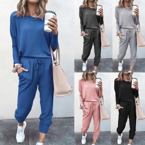 Women Long Sleeve O Neck Blouse Top Drawstring Pockets Pants Sports Tracksuit
