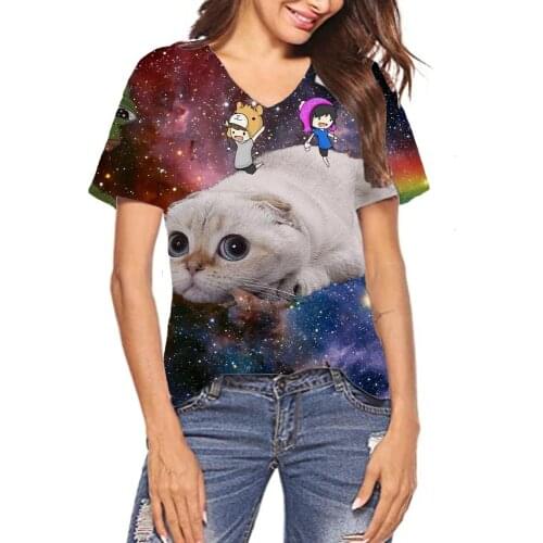 Woman V-neck Galaxy Cat Shirt Space T Shirt Casual Short sleeve 3D Print Tops 2020 NEW Tees