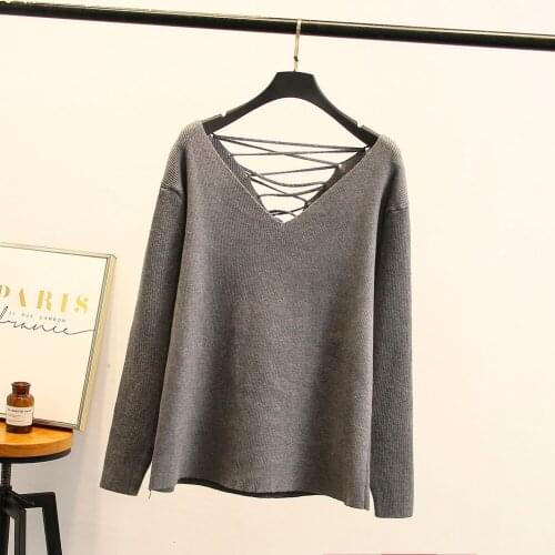 Womens Cross V Neck Pullover Sweater Casual Streetwear Autumn Jumper Sweater Back Hollow Out Bandage Sweaters Plus Size XL-4XL