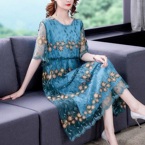 Summer 2021 Woman Embroidery Flower Yellow Orange Blue Long Dress , A Line High Wasited 4xl 5xl Loose Dress for Women Clothes