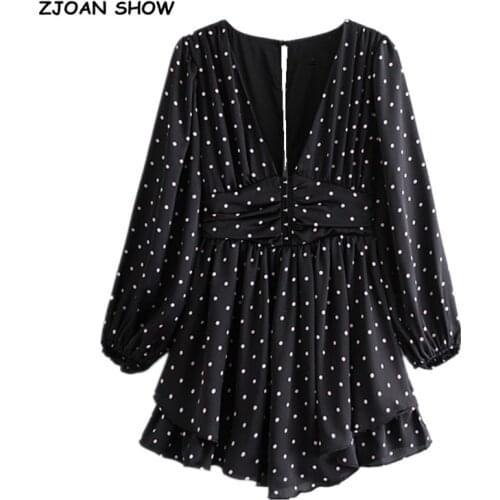 2021 Retro Women Pink Polka Dot Print Black Long sleeve Mini Dress Sexy Pleated Ruched Hollow Out Back Party Dresses