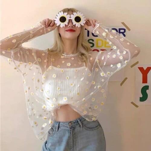 2021 Sweet Girl Mesh T-Shirts See-Through Perspective Tshirt Flowers Printed O Neck Transparent Long Sleeve T Shirt Tops Women