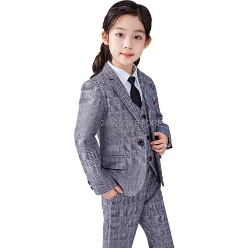 Brand Wedding Kids Suit for Girls Formal Jacket Vest Pants Tie 4pcs Teenagers Blazer Set Children Plaid 2-12Years Clothing Set