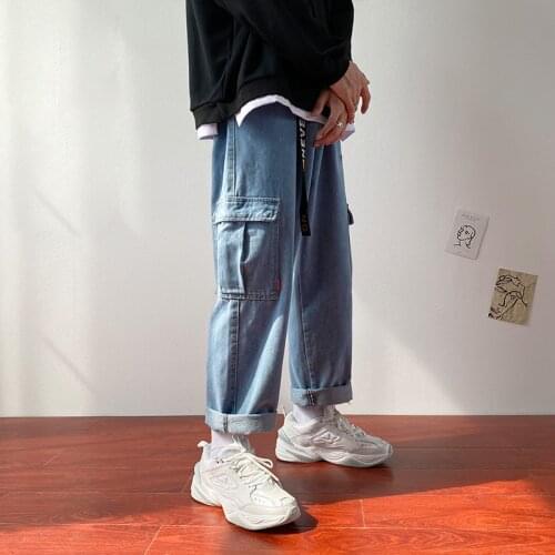 Jeans Couple Hip Hop Blue Denim Pants Korean Men Harajuku Big Pockets Jeans Pants 2021 Oversized Mens Streetwear Baggy