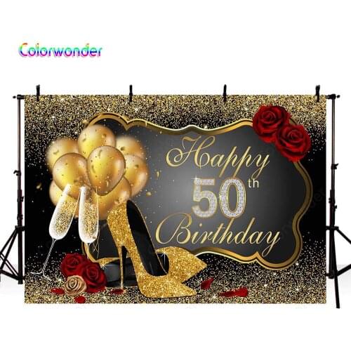 Colorwonder Photography Background Golden Glitter with Balloons and Bottle Black Backdrop with Red Rose for Fifty Birthday Decor