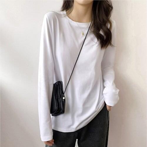 Basic T Shirts Female Clothing Summer New Solid O-Neck All Match Simple T-Shirt Women Korean Casual Cotton Long Sleeve Pullover