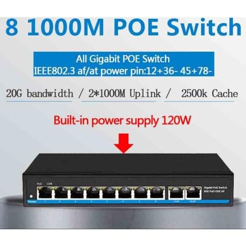 Gigabit 10 port Poe Switch support IEEE802.3af/at IP cameras and Wireless AP 10/100/1000Mbps 48V standard network switch